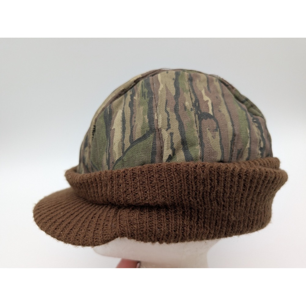Vintage Tiger Stripe Camo Quilted Hunting Cap Knit Brim Visor Made in USA OSFA